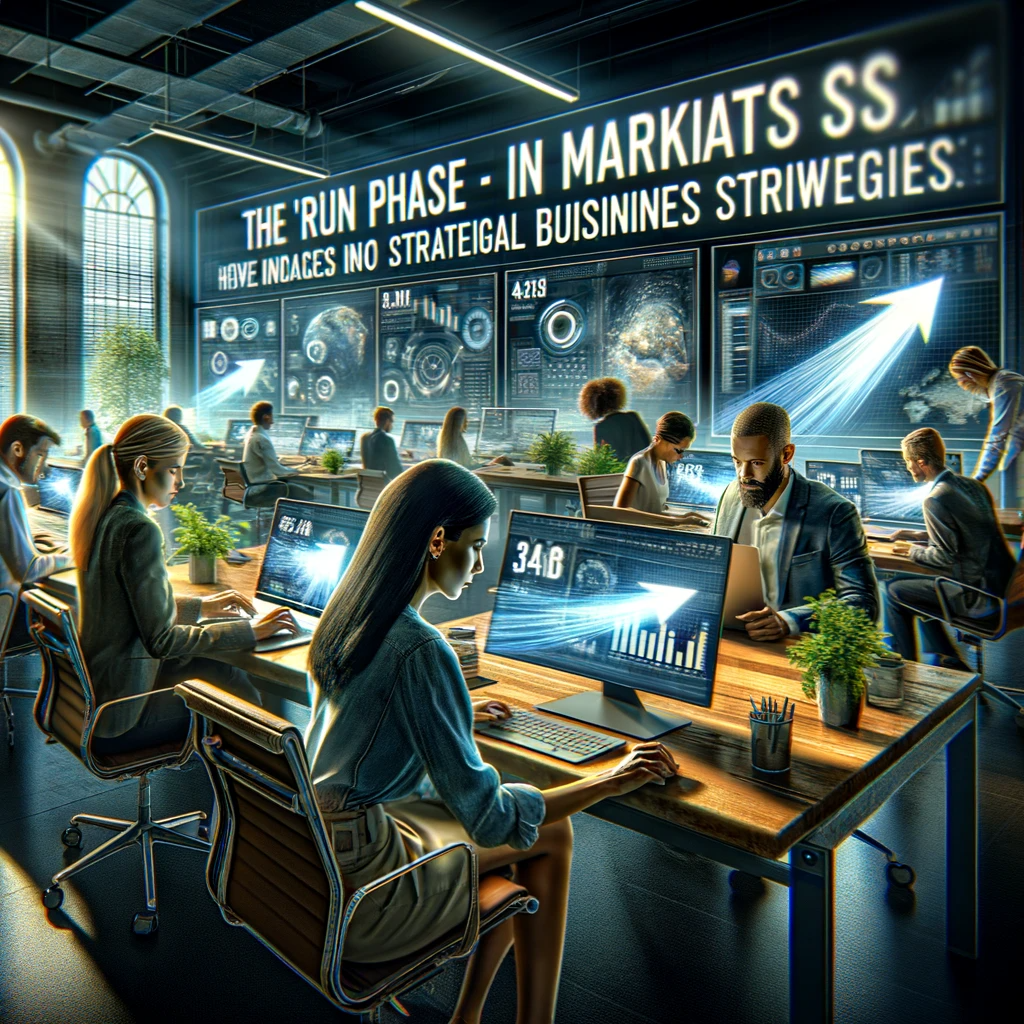 DALL·E 2023-12-05 22.52.49 - A hyper-realistic office scene depicting the 'Run' phase of business growth. The image features a diverse team of professionals, including a Caucasian